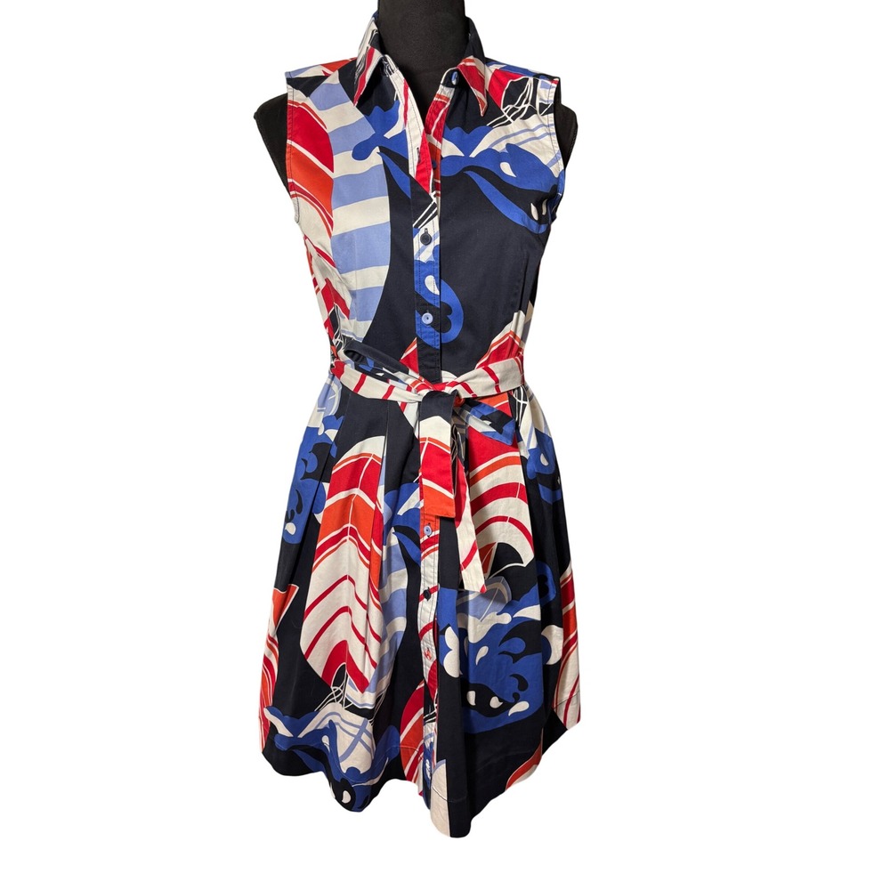 Talbots Petites 8P Sleeveless Shirt Dress Red White‎ Blue Sailboat Print